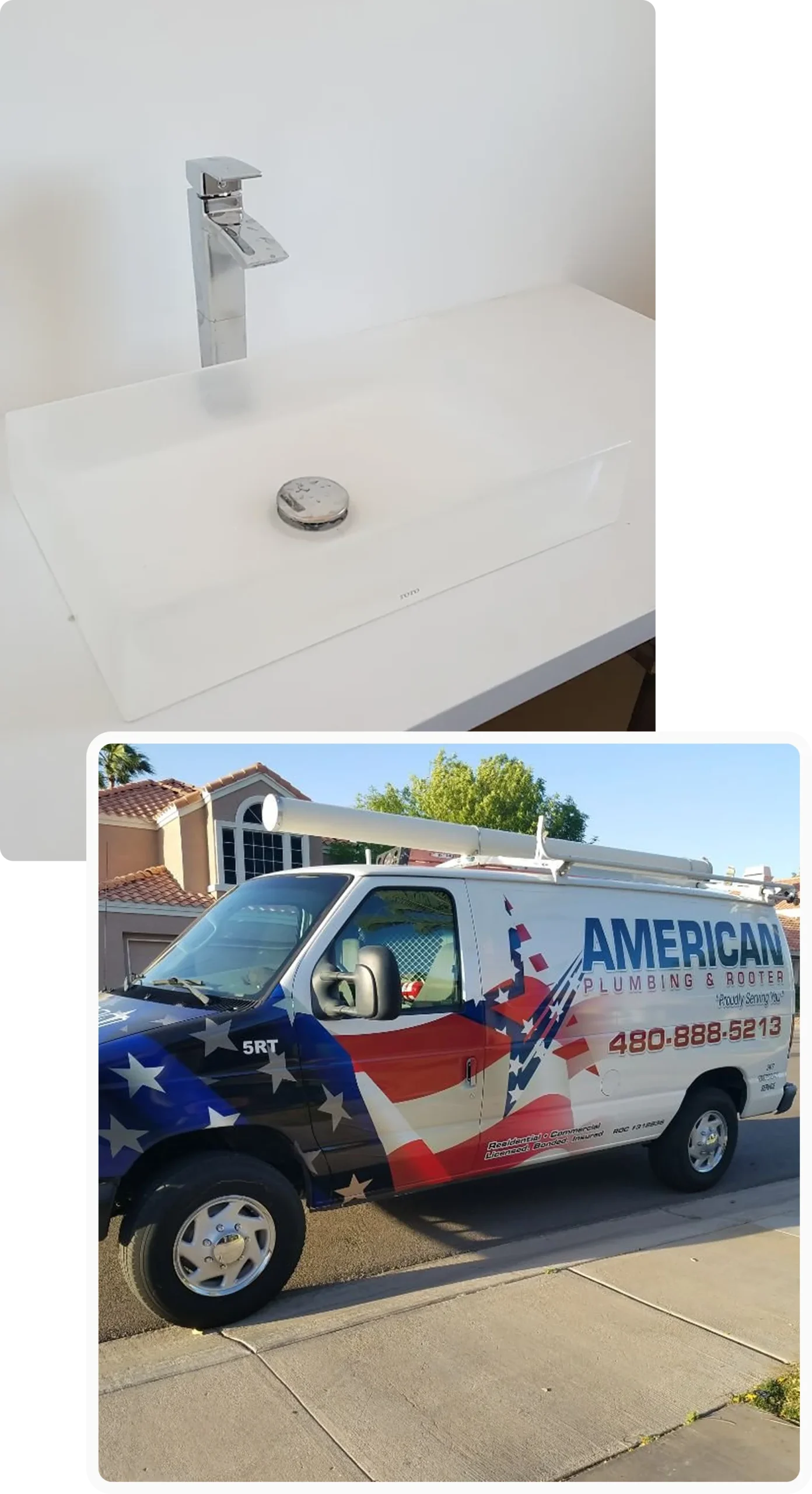 modern white vessel sink and an American Plumbing and Rooter service van