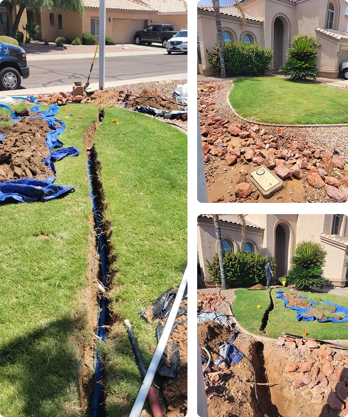 showing a trench dug in a lawn for utility line installation and a landscaped front yard